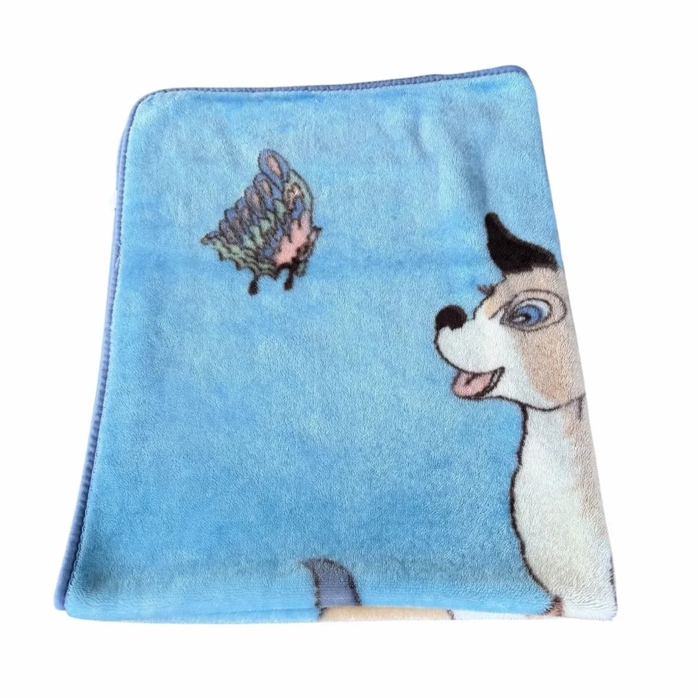 Vintage Deer Bunny Butterfly Flowers Plush Minky Blanket Blue 42x54 GUC